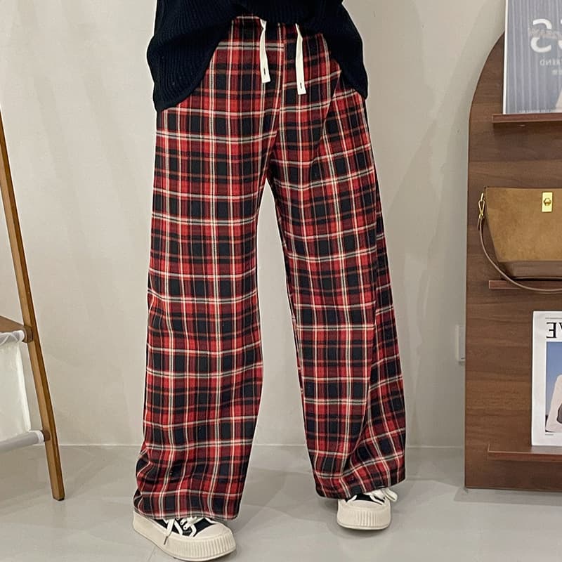 レディースワイドパンツ タータンチェックゆったりルームパンツ