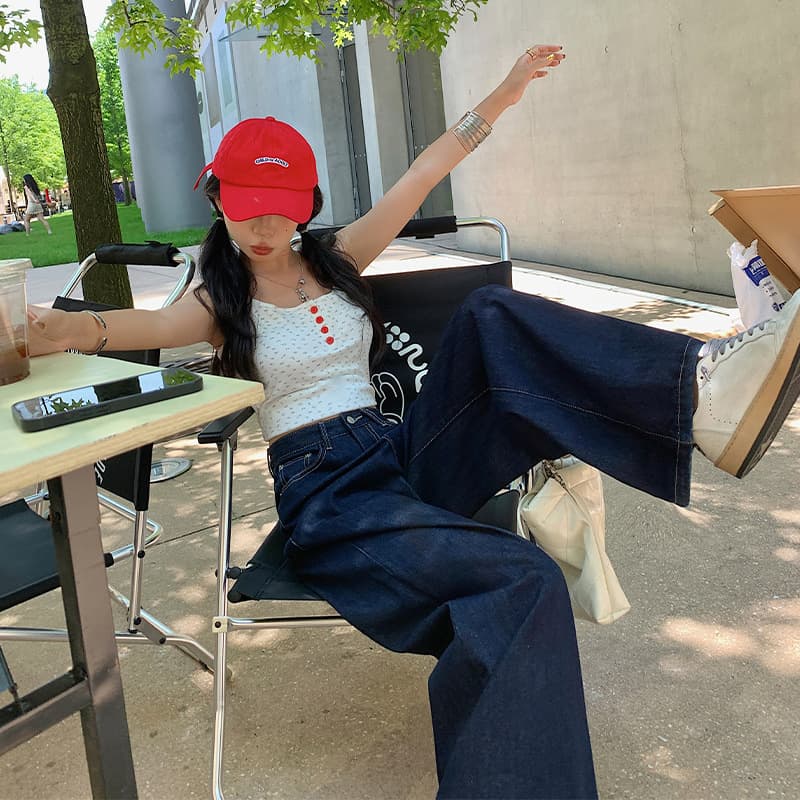 レディースワイドパンツ ハイウエストゆったりデニムワイドパンツ