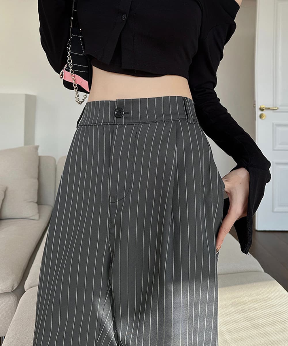 レディースワイドパンツ ストライプワイドパンツ春夏秋ロング美脚レディース