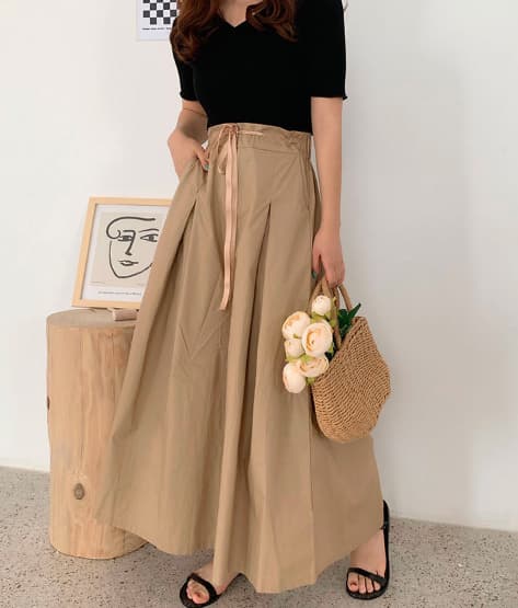 レディースワイドパンツ 春夏新作 麻混素材 ウエストゴム タックワイドパンツ