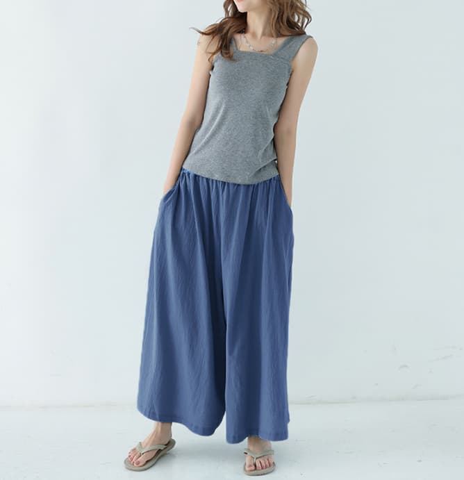 レディースワイドパンツ 体型カバーワイドパンツ ゆったりロング丈ウエストゴム