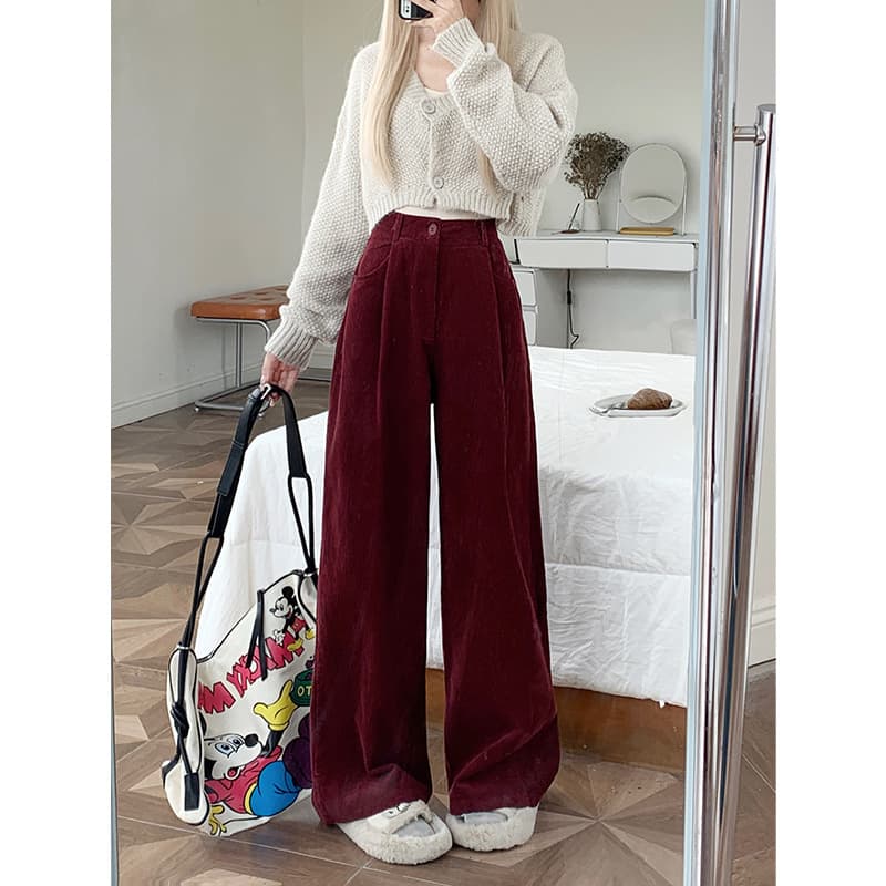 レディースワイドパンツ タック入りゆったりコーデュロイパンツ