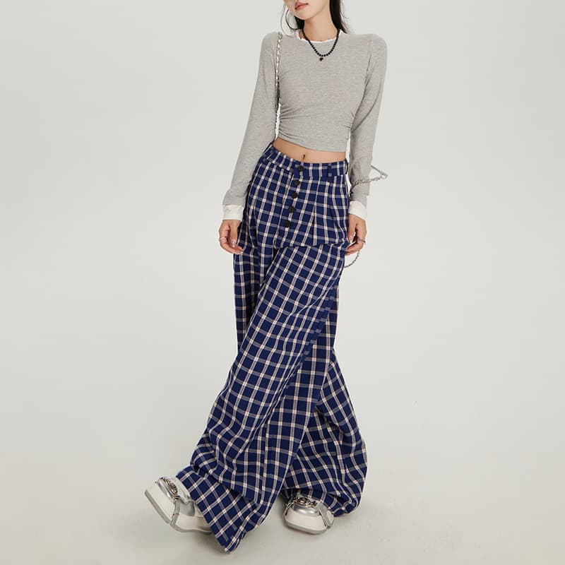 レディースワイドパンツ ゆったりチェックワイドパンツ