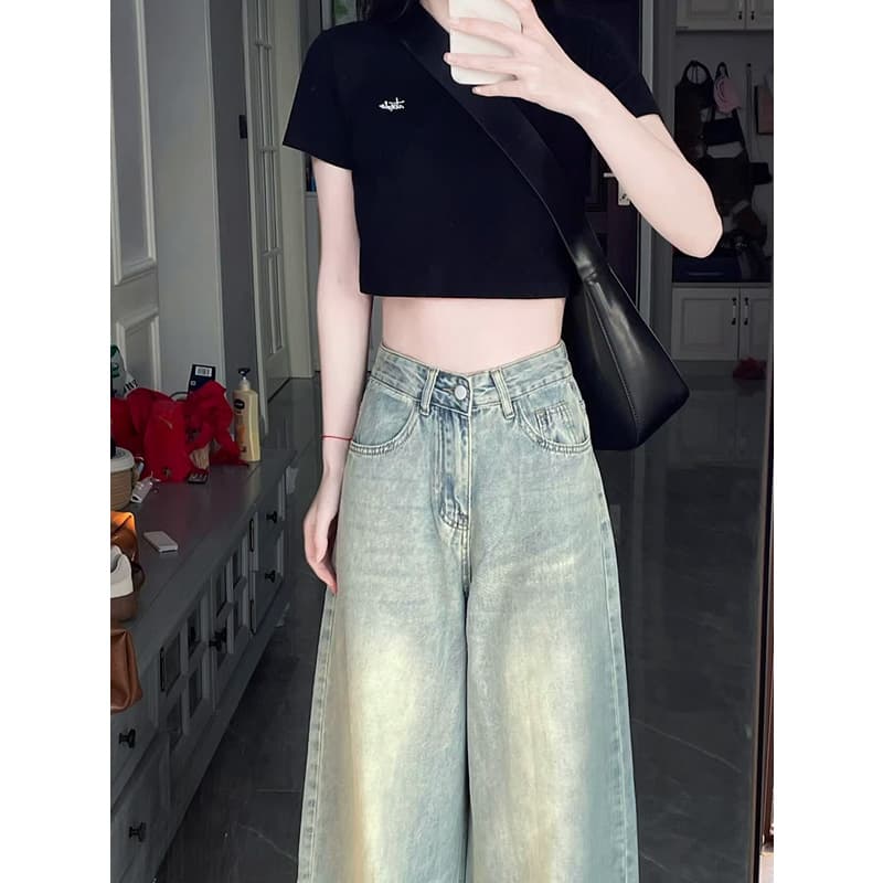 レディースワイドパンツ ゆったりシルエットハイウエストデニム
