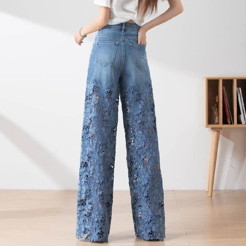 レディースワイドパンツ 花柄レース刺繍透かしデニムワイドパンツ