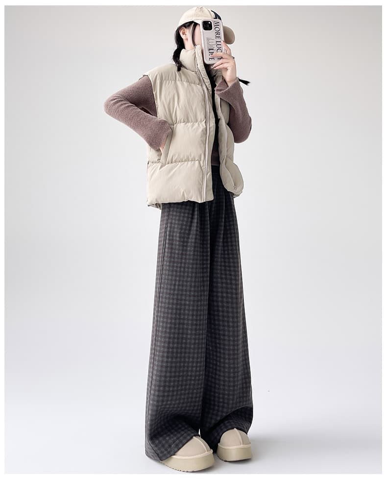 レディースワイドパンツ もこもこ起毛チェックワイドパンツ