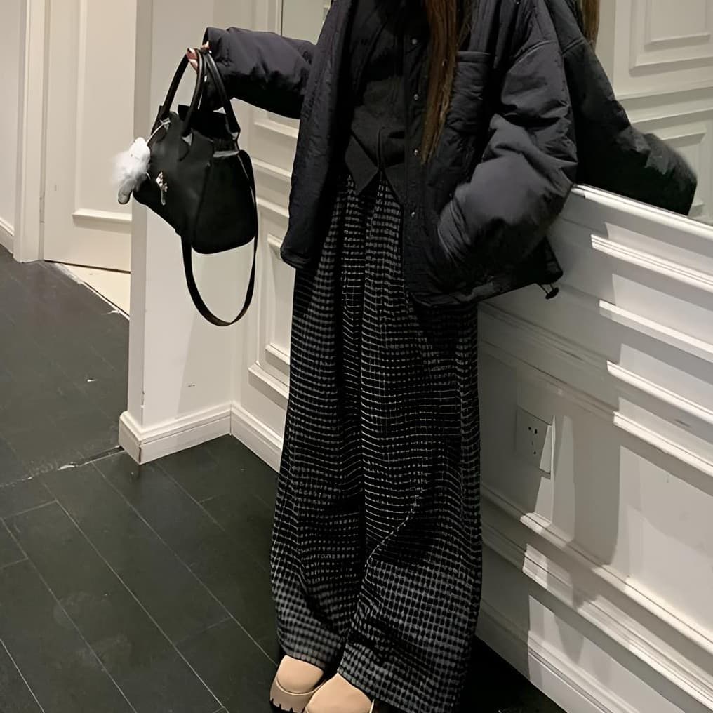 レディースワイドパンツ チェック柄ゆったりワイドパンツ