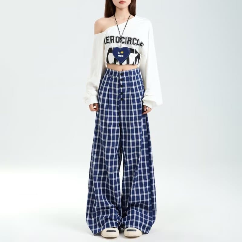 レディースワイドパンツ たっぷりシルエット格子柄ワイドパンツ