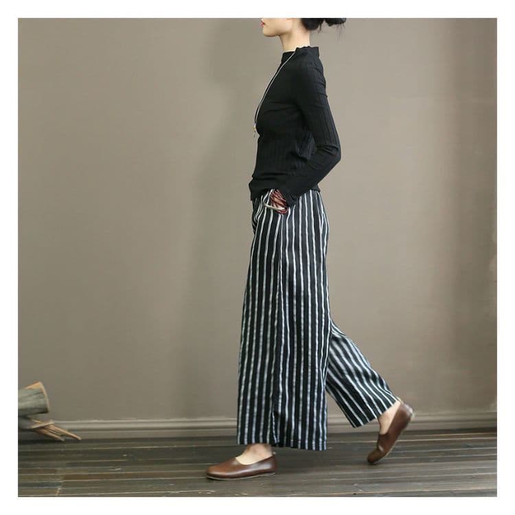 レディースワイドパンツ 綿麻ストライプワイドパンツ ウエストゴム ゆったり楽ちん