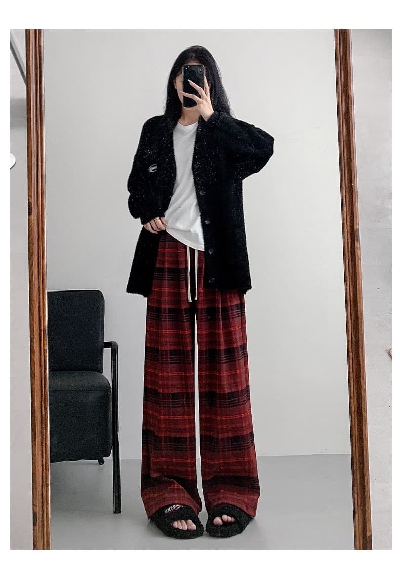 レディースワイドパンツ ゆったりチェックルームパンツ