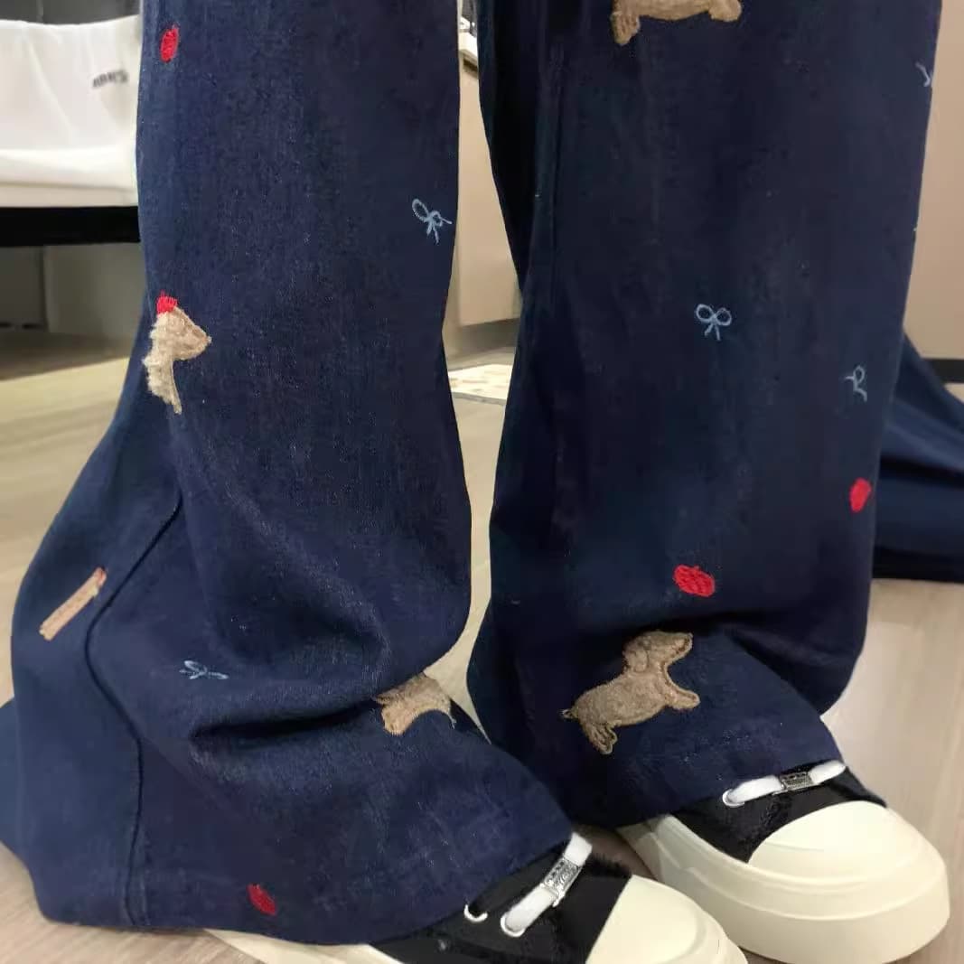 レディースワイドパンツ 犬柄刺繍入りデニムワイドパンツ