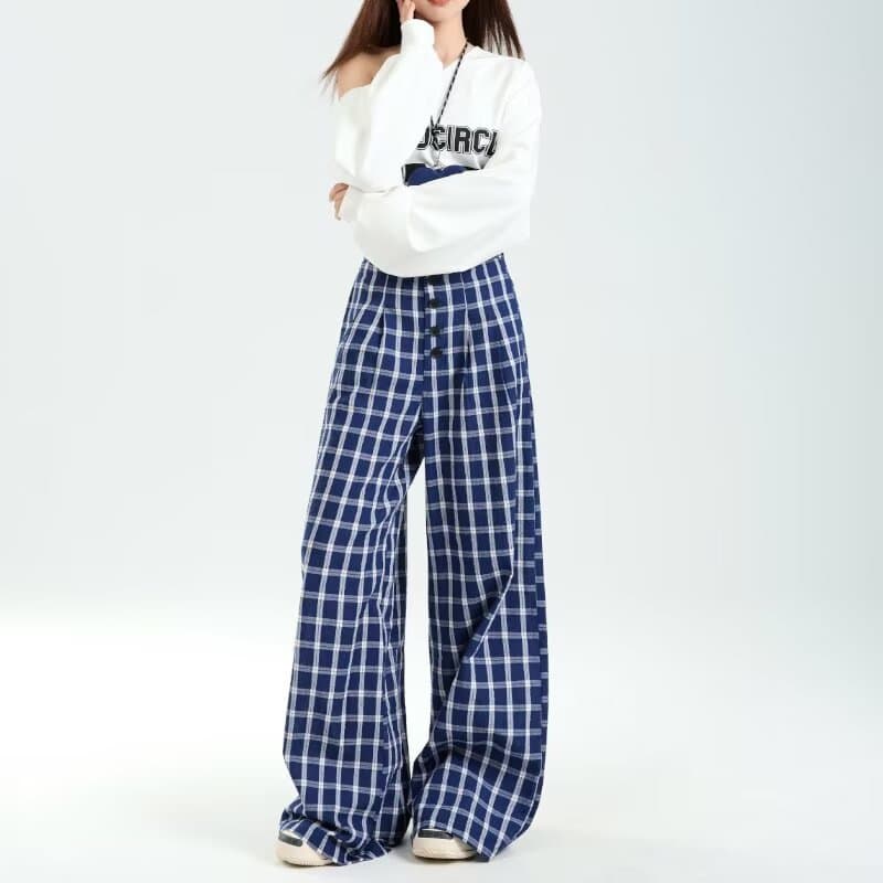 レディースワイドパンツ たっぷりシルエット格子柄ワイドパンツ