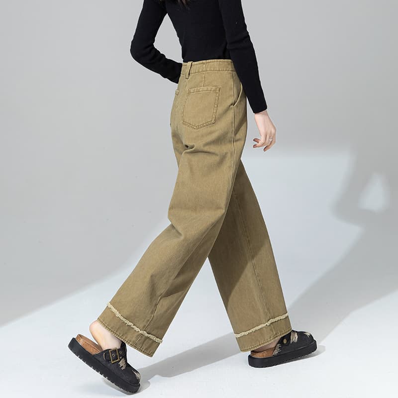 レディースワイドパンツ 裾フリンジ リラックス ワイドパンツ
