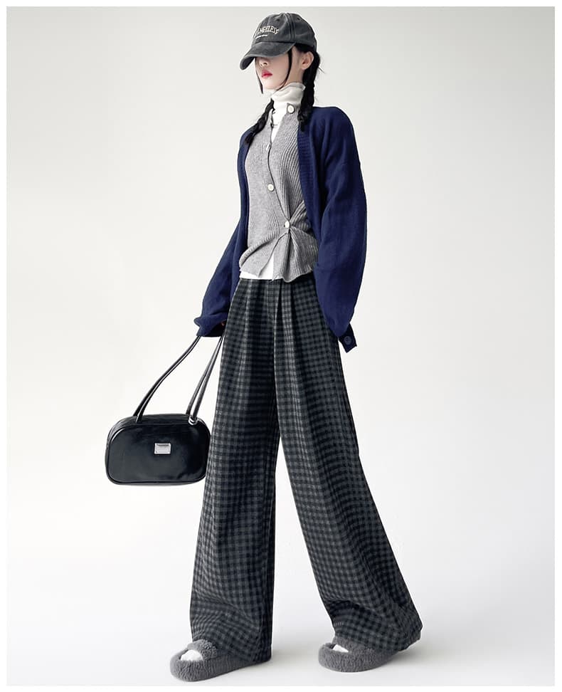 レディースワイドパンツ もこもこ起毛チェックワイドパンツ