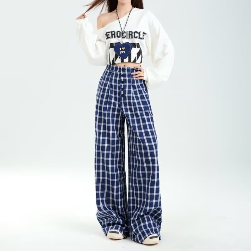 レディースワイドパンツ たっぷりシルエット格子柄ワイドパンツ