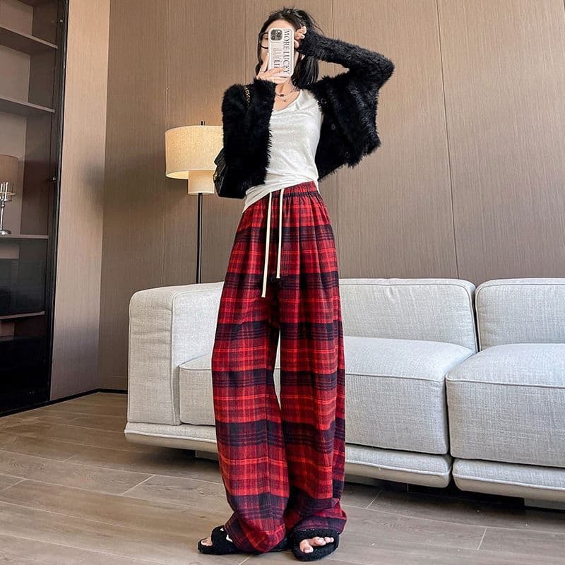 レディースワイドパンツ ゆったりチェックルームパンツ