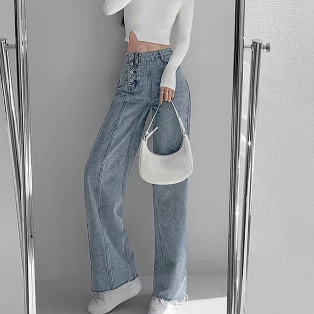 レディースワイドパンツ デニムハイウエストワイドパンツ四連ボタン