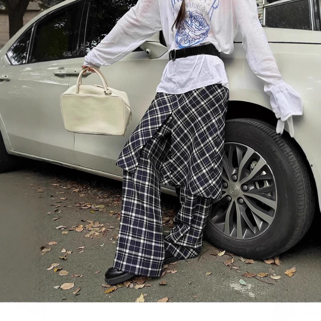 レディースワイドパンツ レトロ調格子柄ワイドパンツ