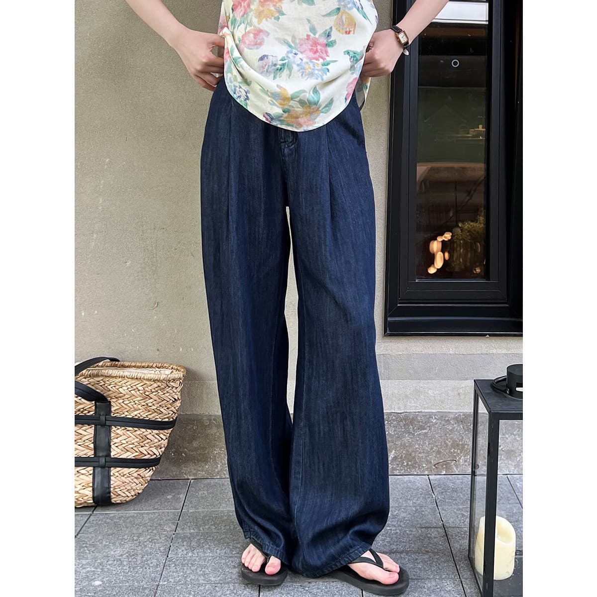 レディースワイドパンツ ゆったり流れるマキシワイドデニム