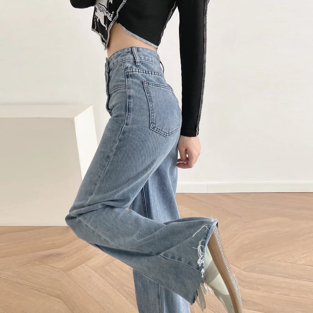 レディースワイドパンツ デニムハイウエストワイドパンツ四連ボタン