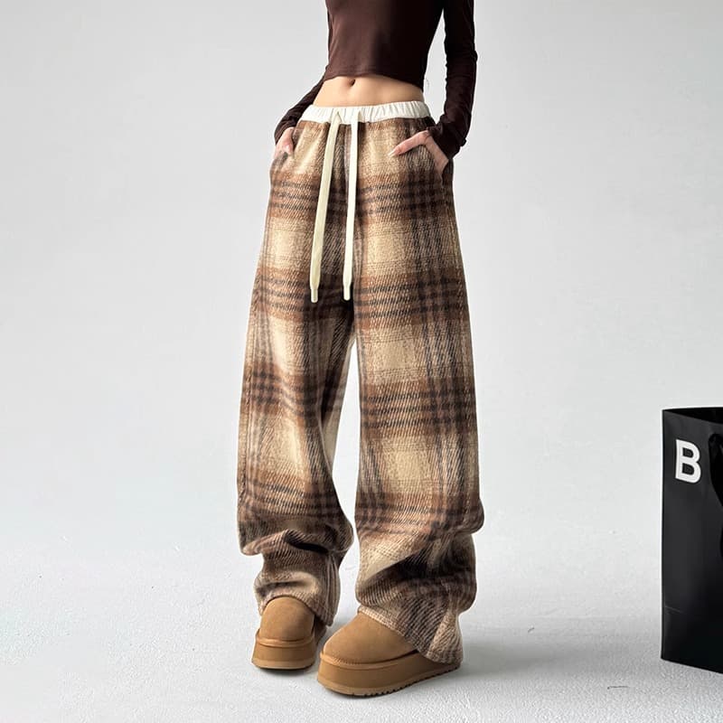 レディースワイドパンツ もこもこチェックゆったりあったかパンツ