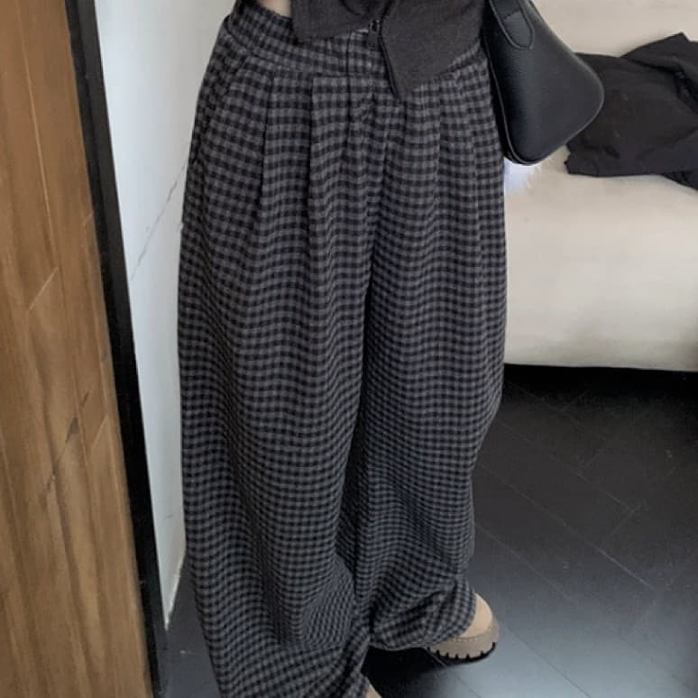 レディースワイドパンツ チェック柄ゆったりワイドパンツ