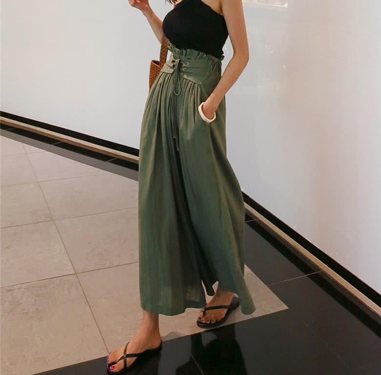 レディースワイドパンツ 大人かわいいハイウエスト綿麻ワイドパンツ美脚