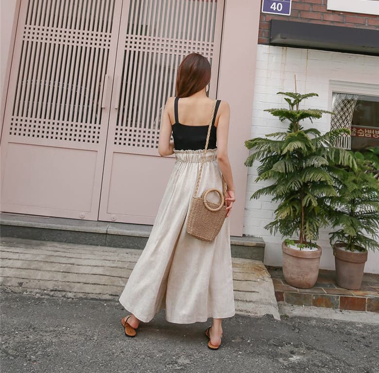 レディースワイドパンツ 大人かわいいハイウエスト綿麻ワイドパンツ美脚