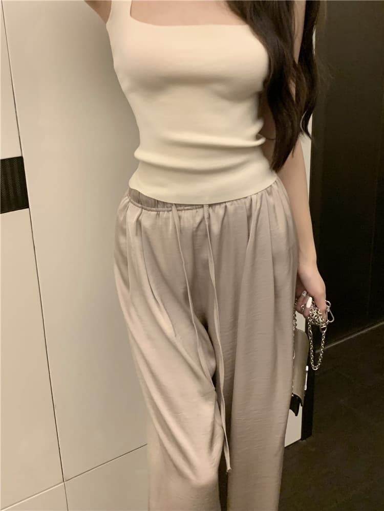 レディースワイドパンツ 接触冷感サテン調ワイドパンツ ひんやり涼感素材