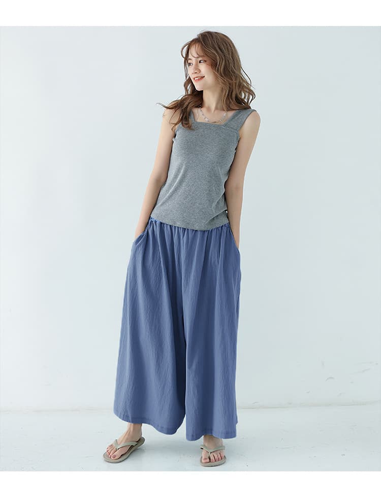 綿麻リネン レディースワイドパンツ ウエストゴム
