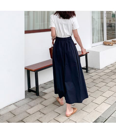 レディースワイドパンツ 春夏新作 麻混素材 ウエストゴム タックワイドパンツ