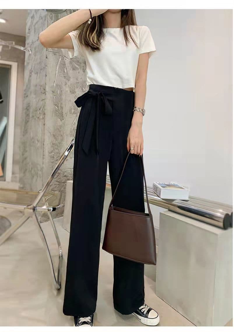 レディースワイドパンツ リボン付き上品タックワイドパンツ