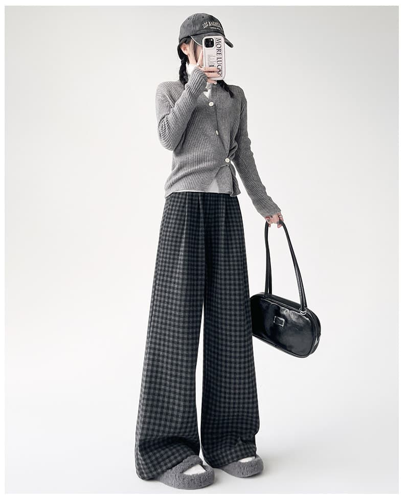 レディースワイドパンツ もこもこ起毛チェックワイドパンツ