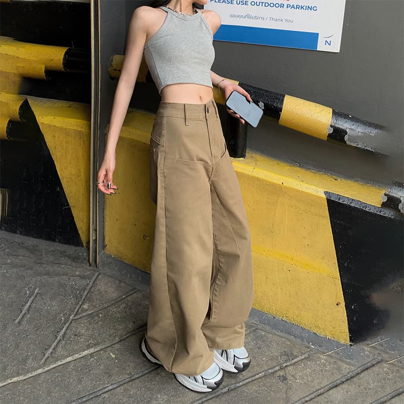 レディースワイドパンツ ハイウエストストレートワイドチノパンツ