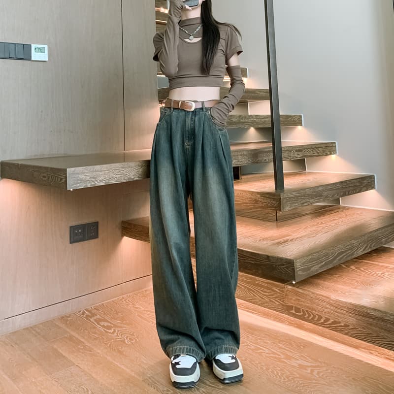 レディースワイドパンツ ゆったりシルエットデニムワイドパンツ