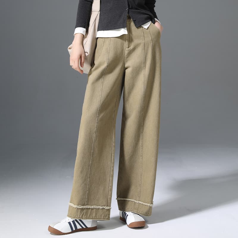 レディースワイドパンツ フリンジ裾デザインワイドパンツ