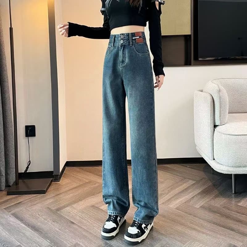 レディースワイドパンツ ハイウエストストレートデニムパンツ