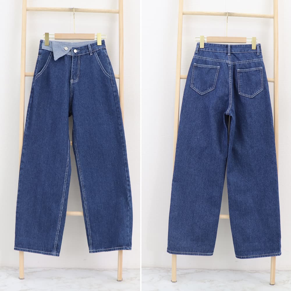 レディースワイドパンツ 折り襟デザイン ハイウエストデニムワイドパンツ