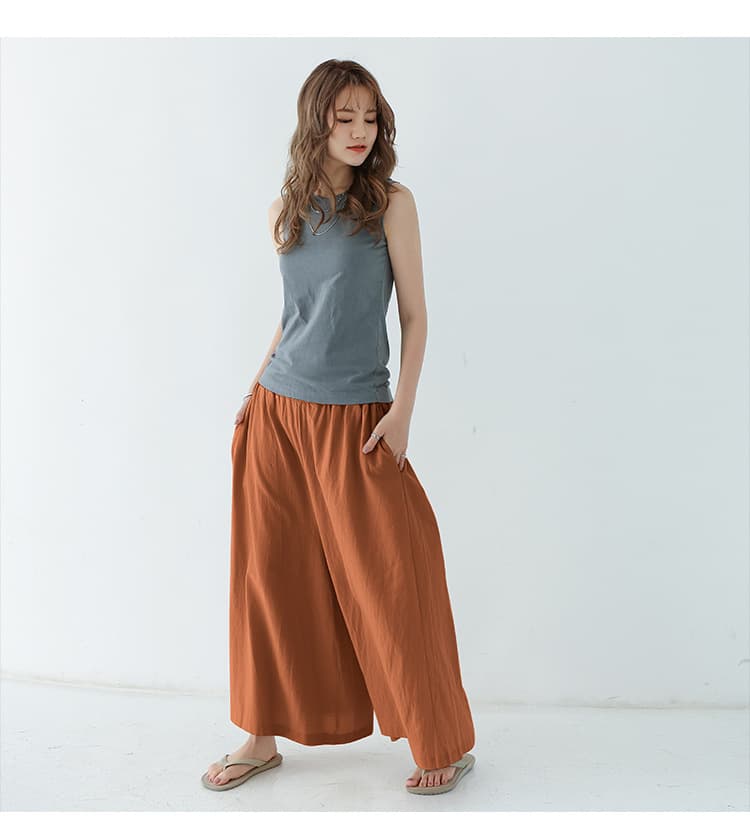 綿麻リネン レディースワイドパンツ ウエストゴム