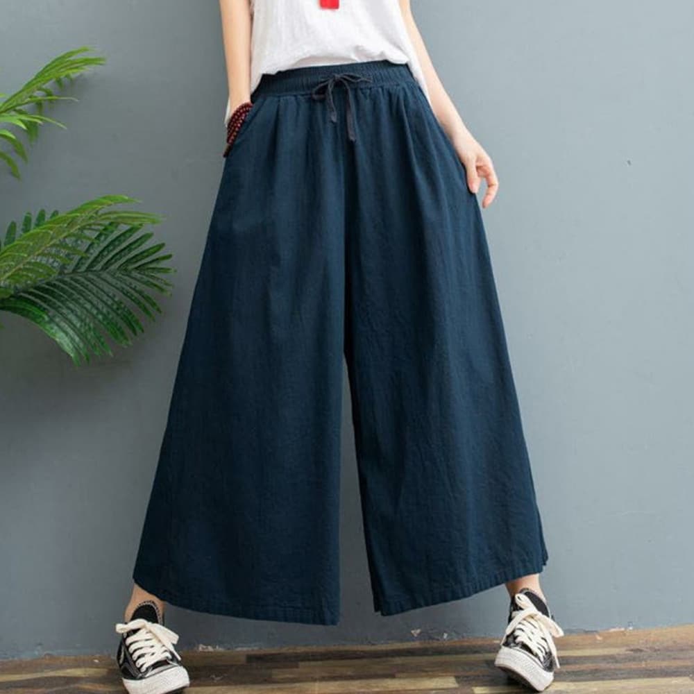 レディースワイドパンツ 風合い豊かなリネンワイドパンツ ウエストゴム仕様