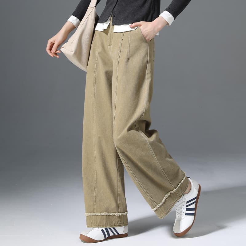 レディースワイドパンツ フリンジ裾デザインワイドパンツ