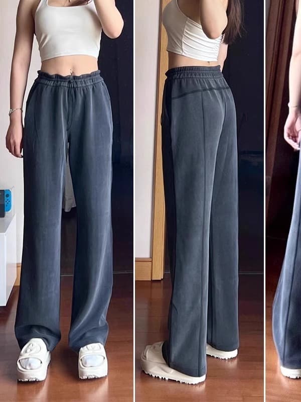 レディースワイドパンツ 裏起毛ゆったりシルエット紐付きワイドスウェットパンツ