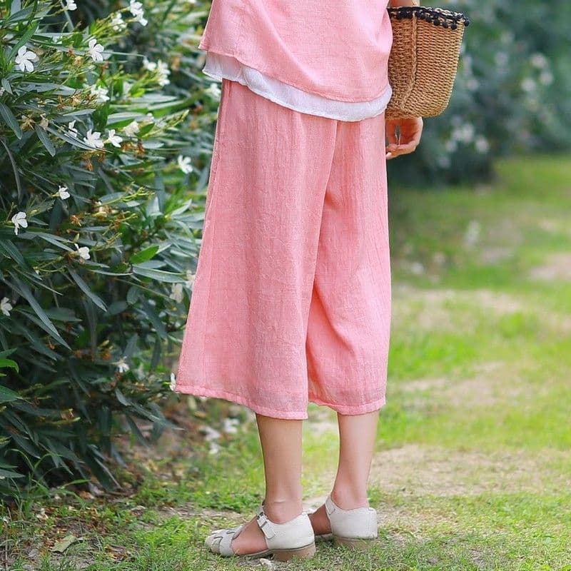 レディースワイドパンツ リネン風ガウチョパンツ七分丈ウエストゴム薄手無地