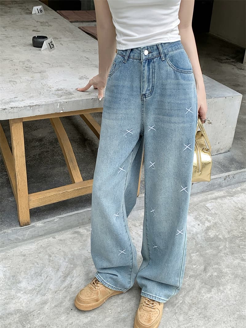 レディースワイドパンツ クロス刺繍デニムワイドパンツ ゆったりシルエット