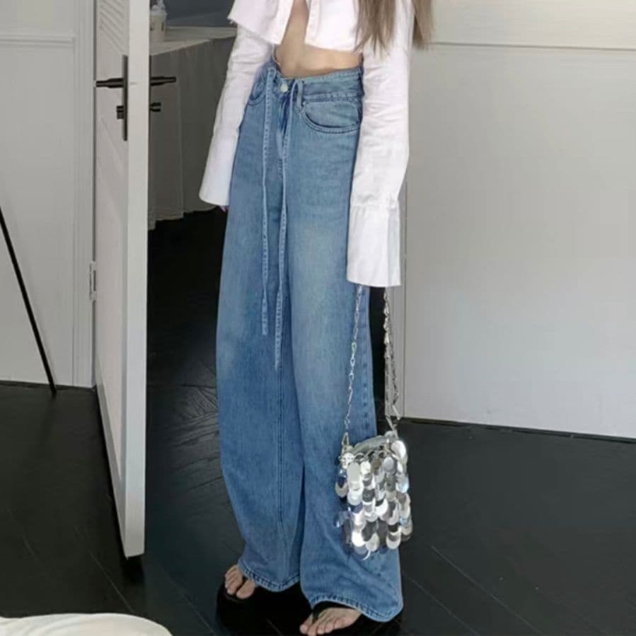 レディースワイドパンツ ハイウエスト紐付きデニムワイドパンツ