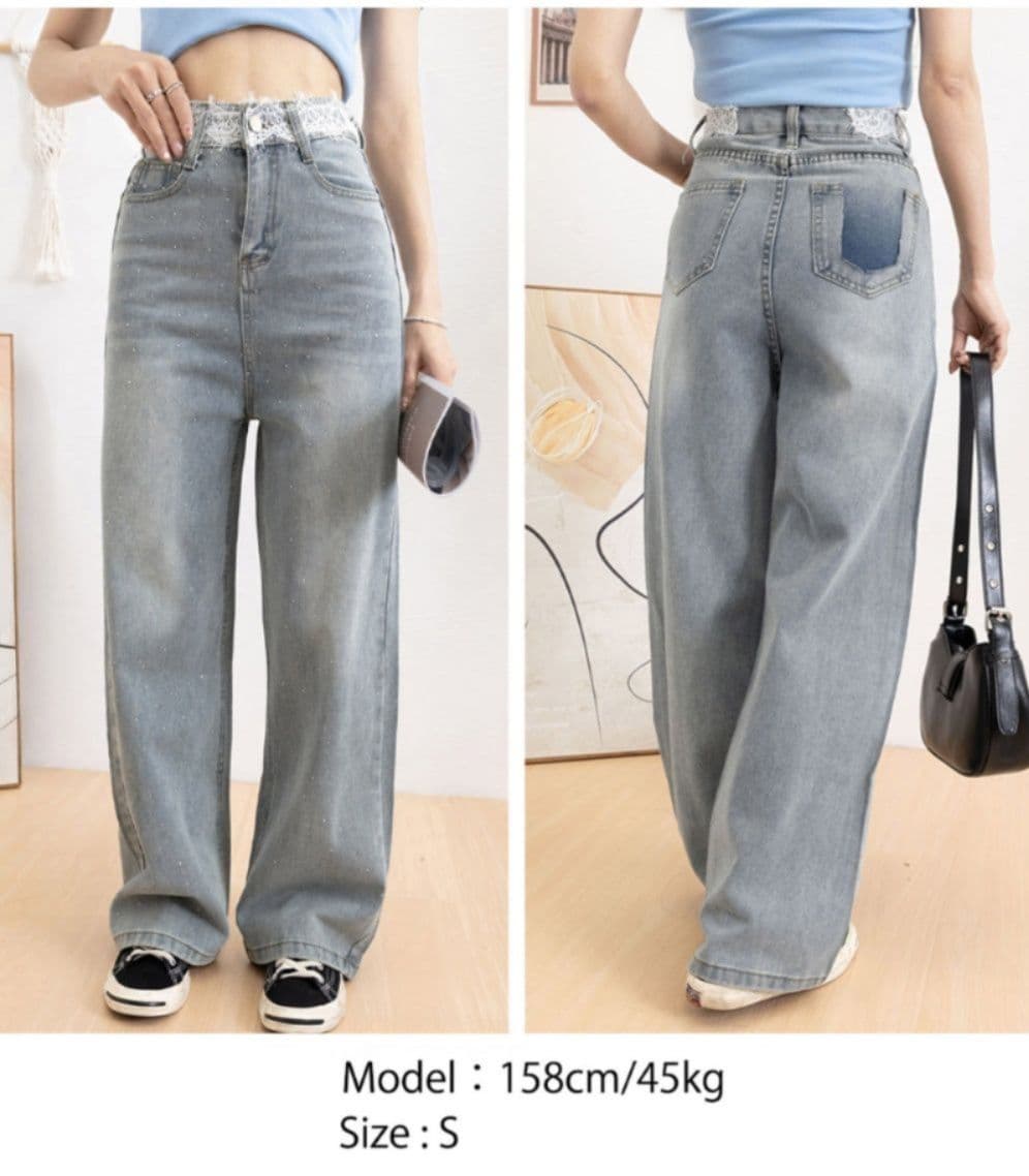 レディースワイドパンツ レース装飾ビジュー付きワイドデニムパンツ