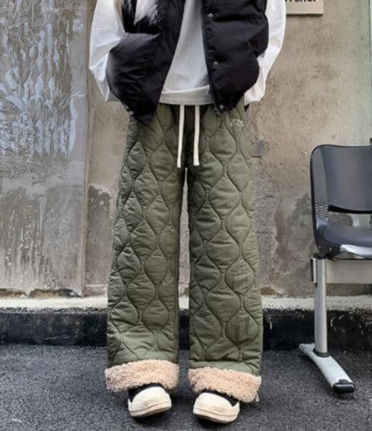 レディースワイドパンツ 秋冬中綿入り防寒ワイドパンツ厚手キルティング