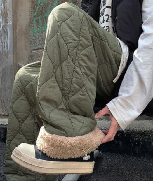 レディースワイドパンツ 秋冬中綿入り防寒ワイドパンツ厚手キルティング
