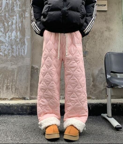レディースワイドパンツ 秋冬中綿入り防寒ワイドパンツ厚手キルティング