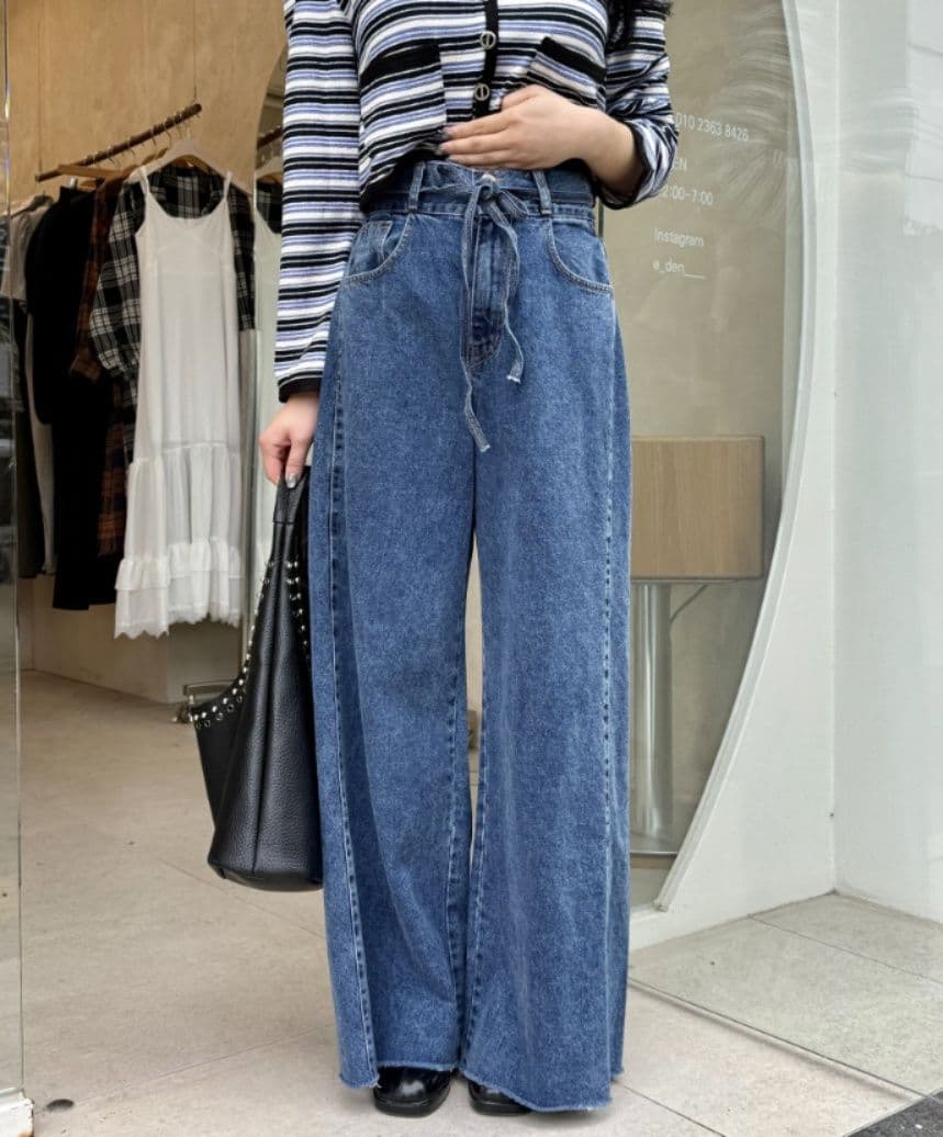レディースワイドパンツ 上品な大人気質のウエストベルト付きルーズデニムワイドパンツ